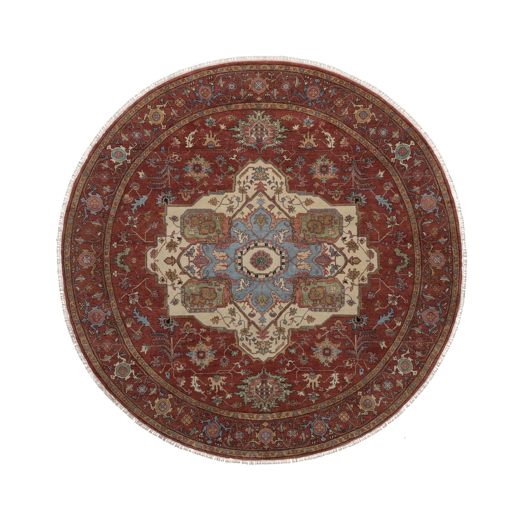 8'x8' Brick Red, Antiqued Fine Heriz Re-Creation with Medallion Design, Hand Knotted, Hand Spun New Zealand Wool, Denser Weave, Vegetable Dyes, Round, Oriental Rug 